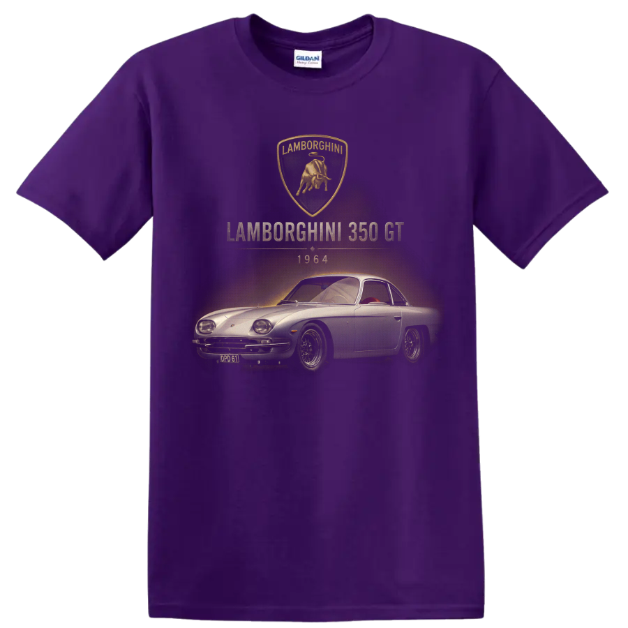 Vintage Lamborghini 350 GT 1964 classic car graphic with bull crest on a Purple T Shirt