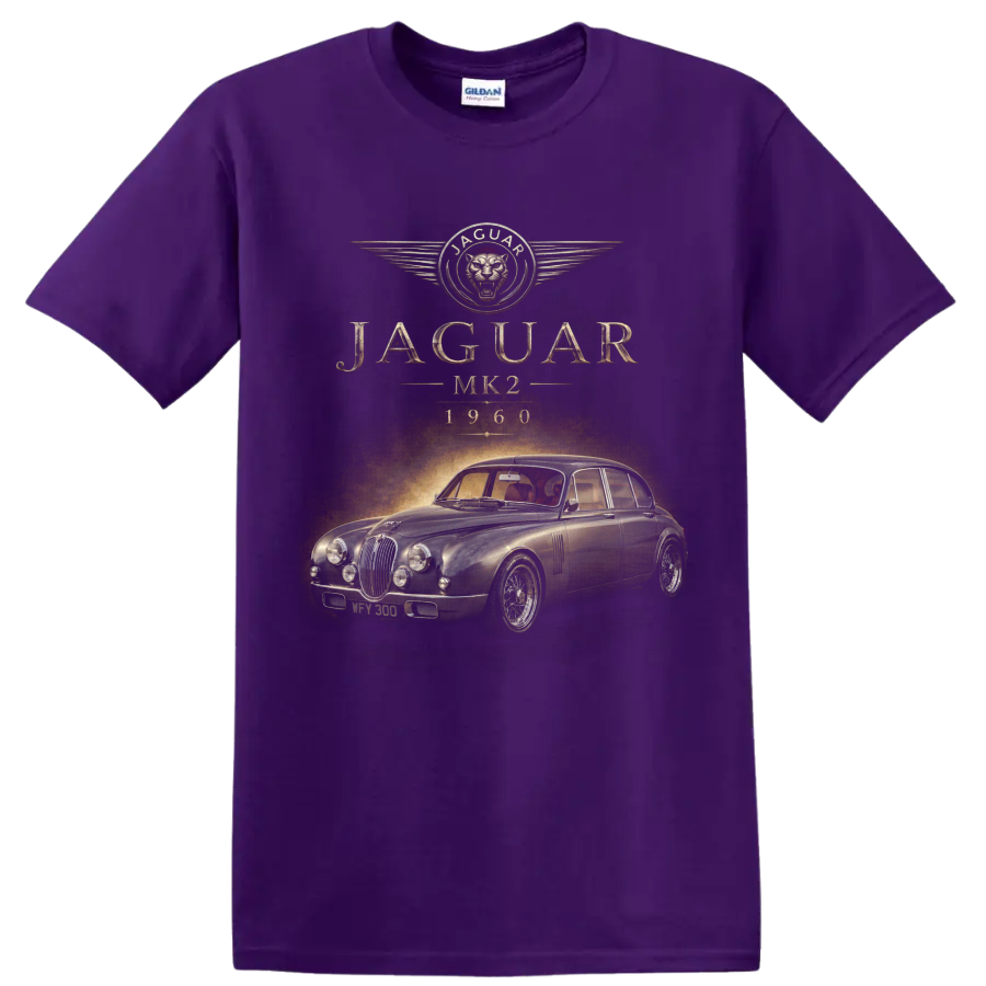 Jaguar MK2 1960 vintage classic car graphic with JAGUAR lettering on a Purple T Shirt