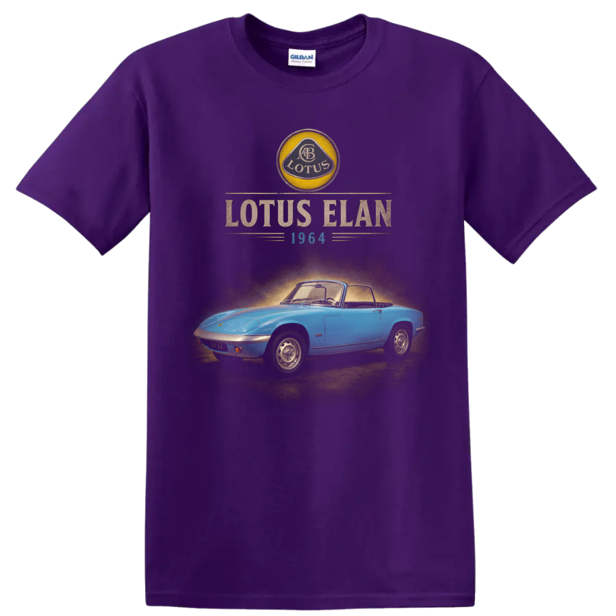 1964 Lotus Elan blue roadster vintage graphic with retro lettering on a Purple T Shirt