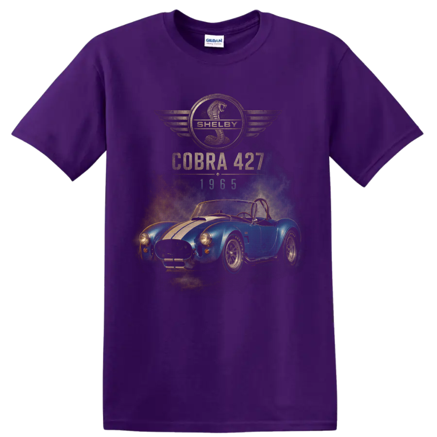 Shelby Cobra 427 1965 blue roadster vintage graphic with cobra emblem on a Purple T Shirt