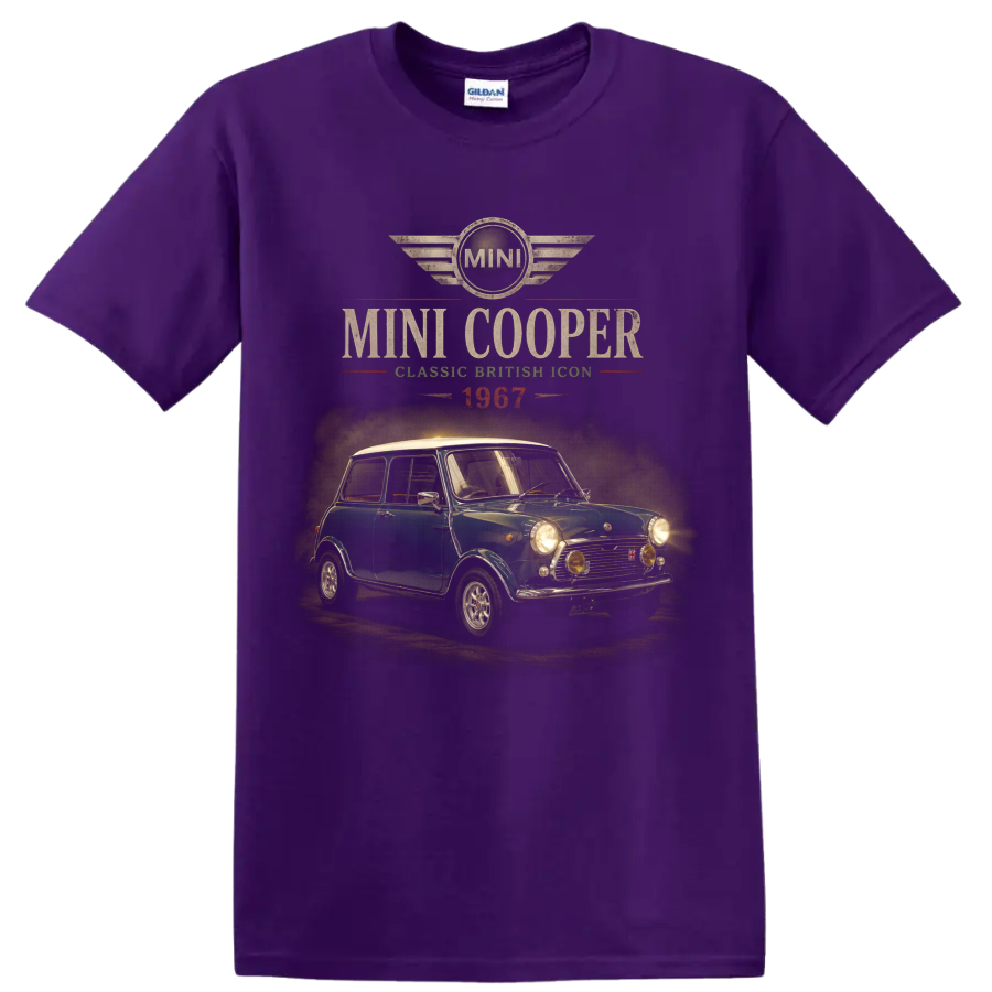 1967 Mini Cooper vintage classic car graphic with MINI emblem on a Purple T Shirt
