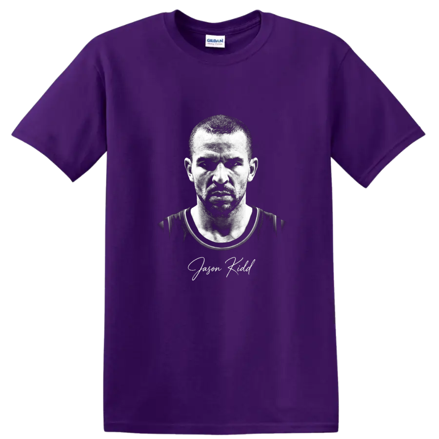 Jason Kidd black-and-white basketball portrait with signature-style name text on a Purple T Shirt
