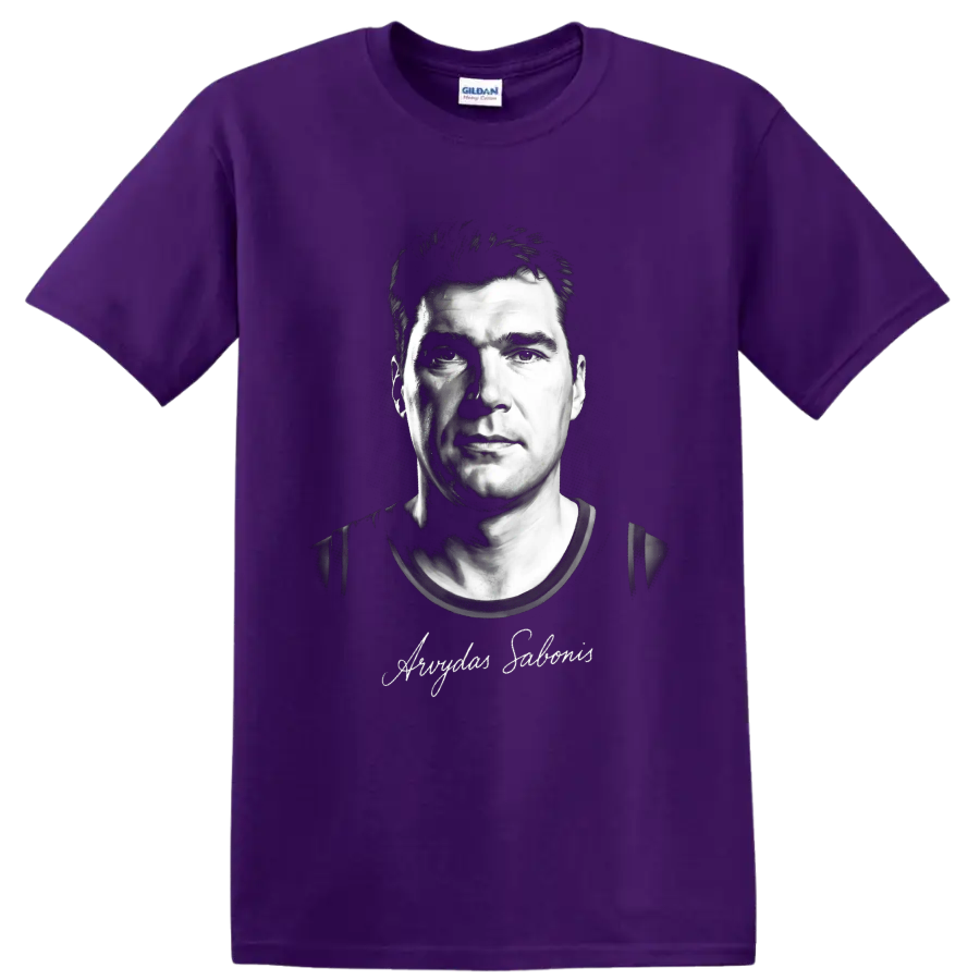 Arvydas Sabonis black-and-white basketball portrait with signature-style script on a Purple T Shirt