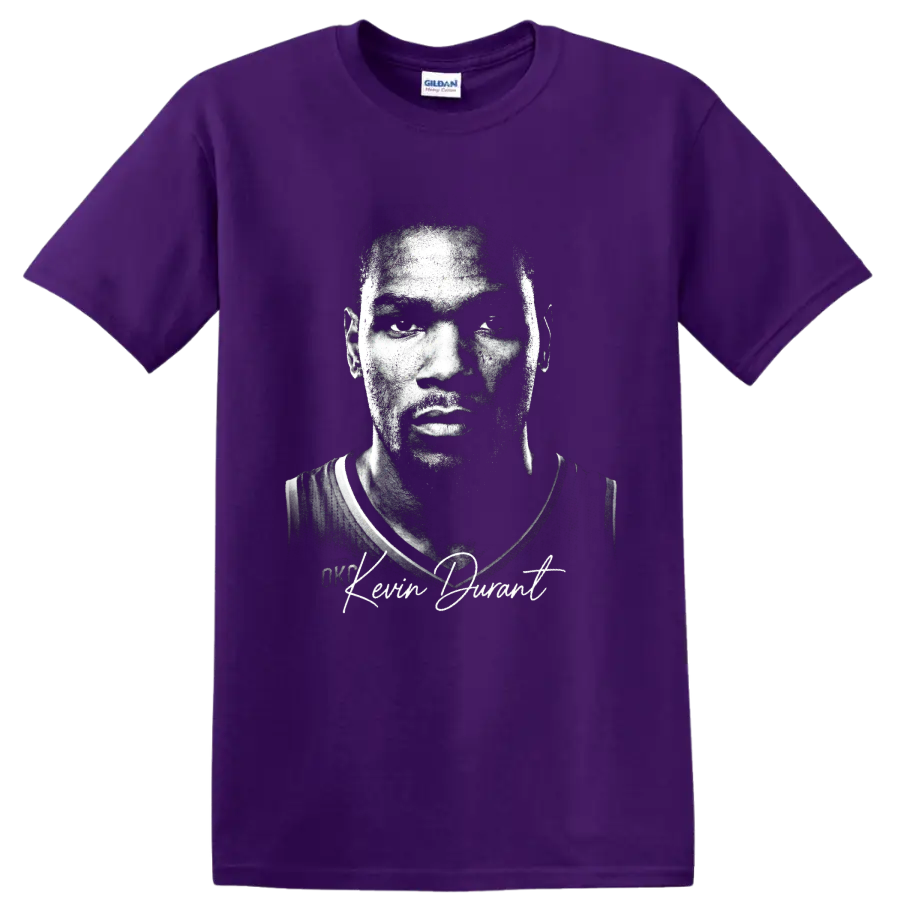 Kevin Durant Oklahoma City Thunder number 35 gritty black-and-white portrait with on a Purple T Shirt