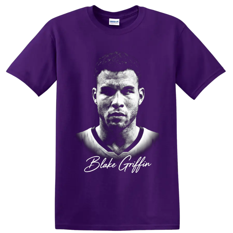 Blake Griffin Los Angeles Clippers No. 32 black-and-white basketball portrait with on a Purple T Shirt