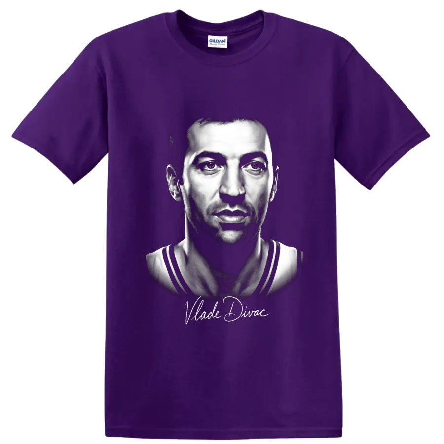 Monochrome Vlade Divac basketball portrait with cursive signature on a Purple T Shirt