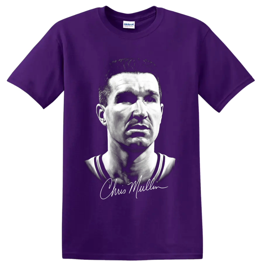 Monochrome Chris Mullin basketball portrait with cursive signature on a Purple T Shirt