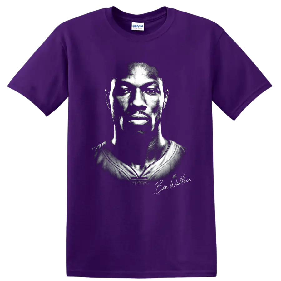 Ben Wallace Detroit Pistons No. 3 high-contrast black-and-white basketball portrait on a Purple T Shirt