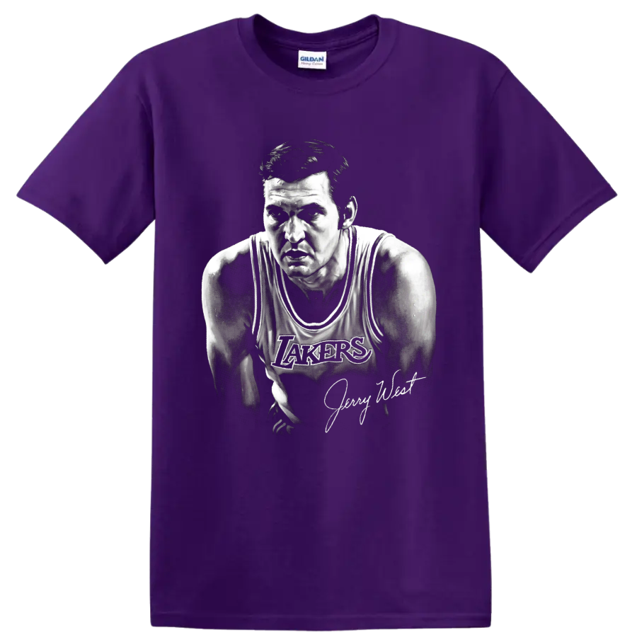 Jerry West Los Angeles Lakers No. 44 monochrome basketball portrait with signature on a Purple T Shirt