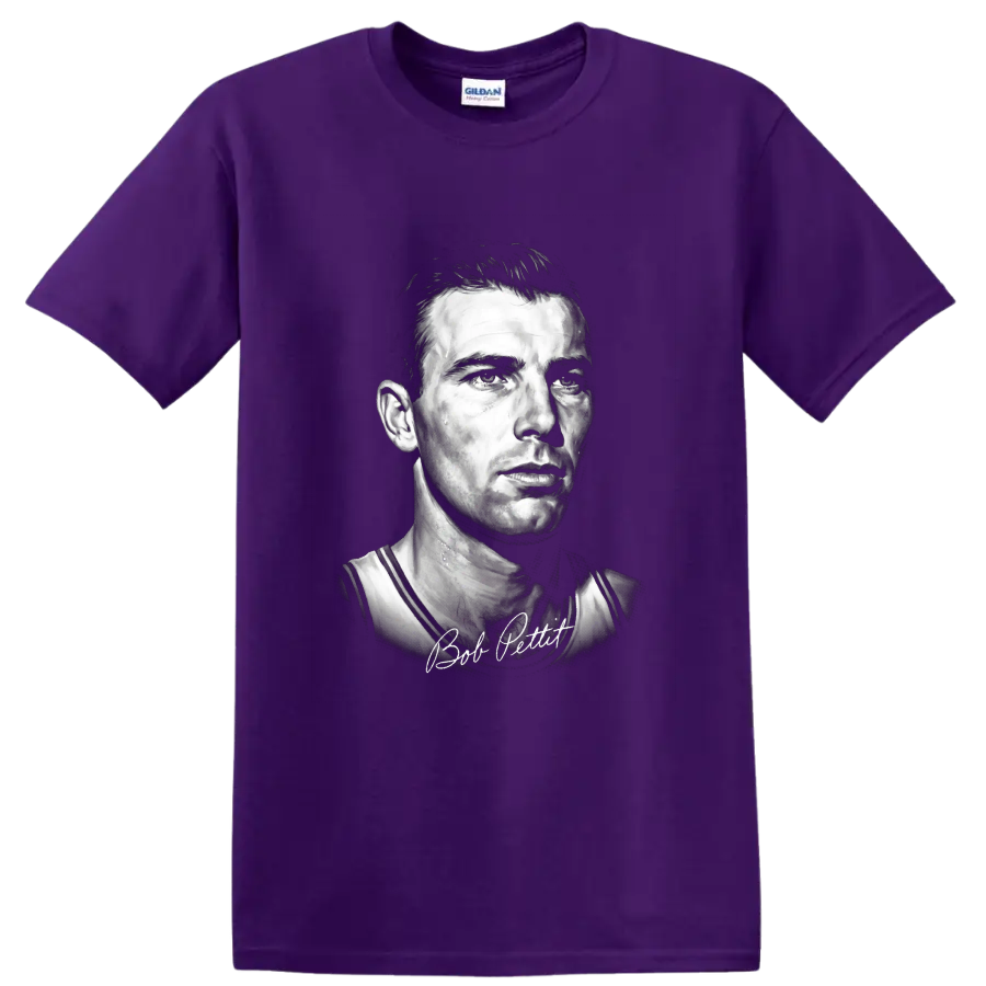 Bob Pettit St. Louis Hawks No. 9 monochrome basketball portrait with signature on a Purple T Shirt