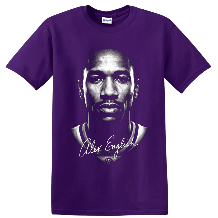 Alex English black-and-white basketball portrait with signature-style script on a Purple T Shirt
