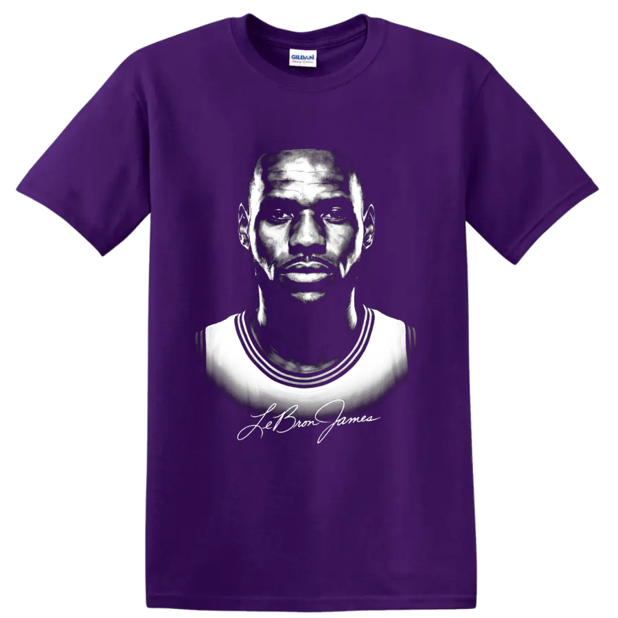 LeBron James black-and-white basketball portrait with signature-style script on a Purple T Shirt