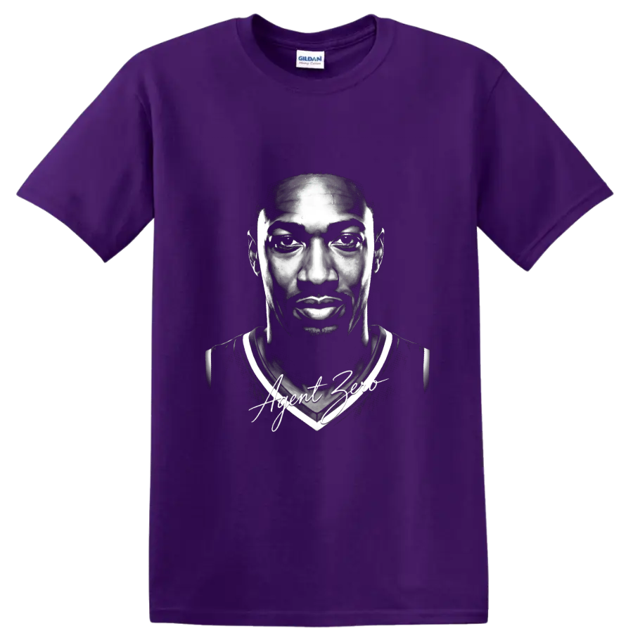 Gilbert Arenas Washington Wizards No. 0 monochrome portrait with Agent Zero script on a Purple T Shirt