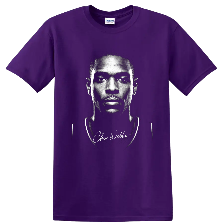 Black-and-white Chris Webber basketball portrait with signature script on a Purple T Shirt
