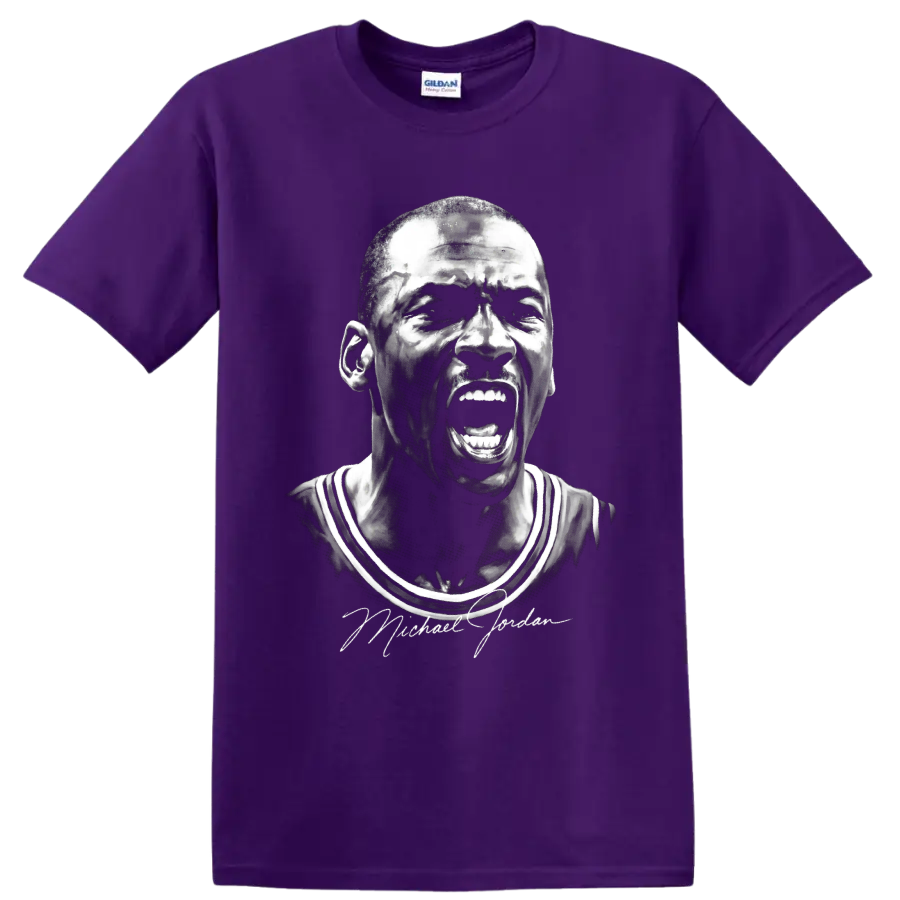 Michael Jordan Chicago Bulls #23 shouting portrait in dramatic black-and-white sketch on a Purple T Shirt