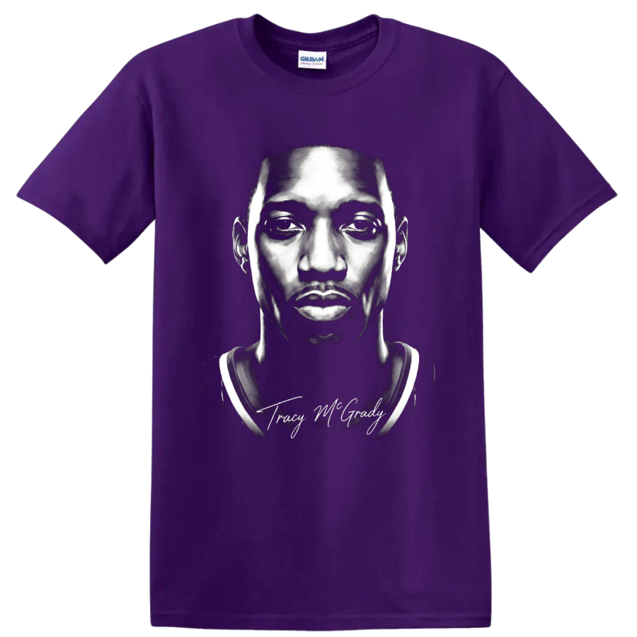 Tracy McGrady black-and-white basketball portrait with signature-style script on a Purple T Shirt