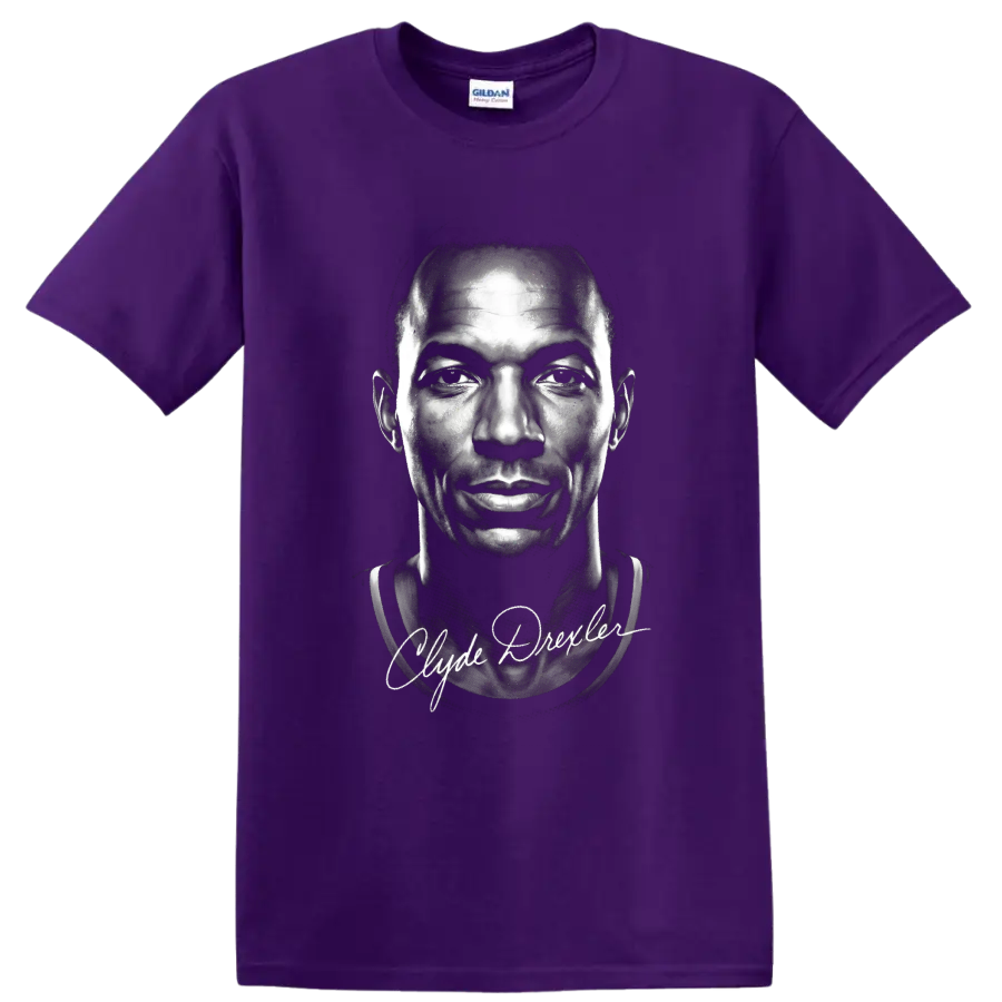 Monochrome Clyde Drexler basketball portrait with Clyde Drexler signature script on a Purple T Shirt