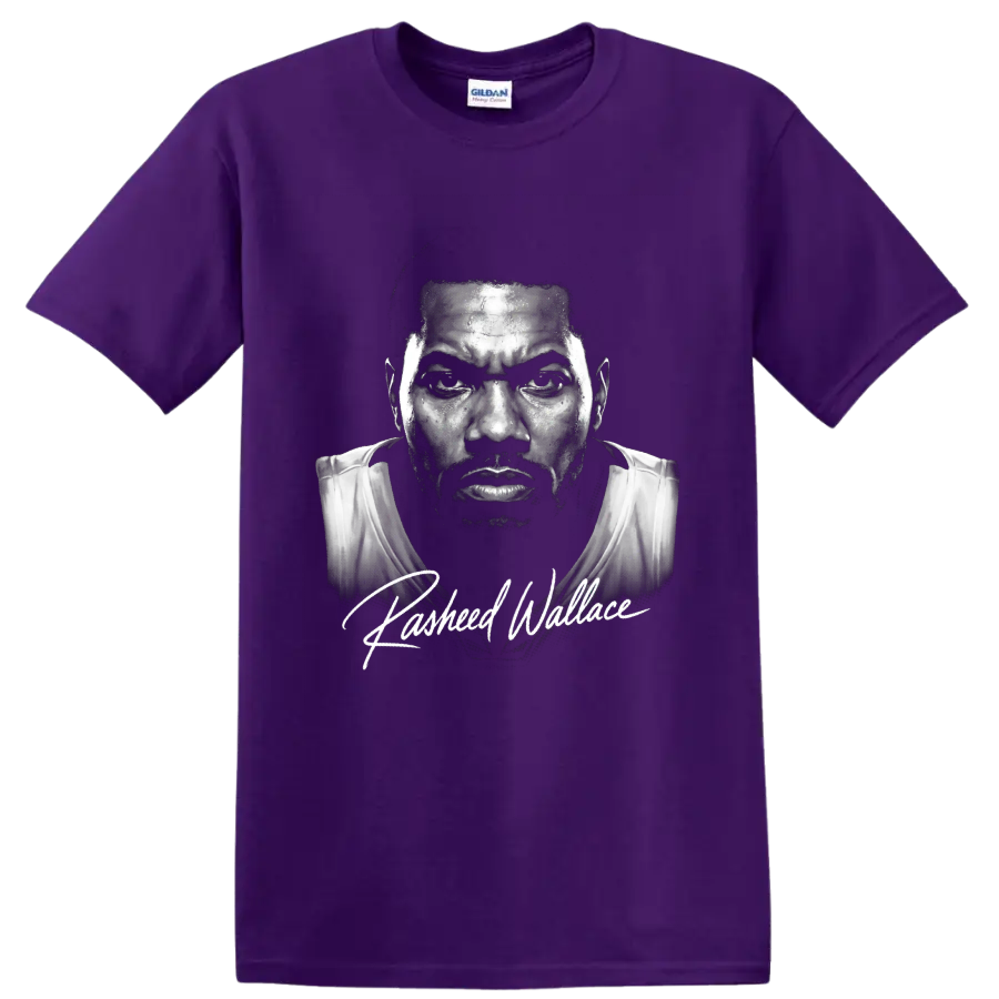 Rasheed Wallace black-and-white basketball portrait with signature-style lettering on a Purple T Shirt