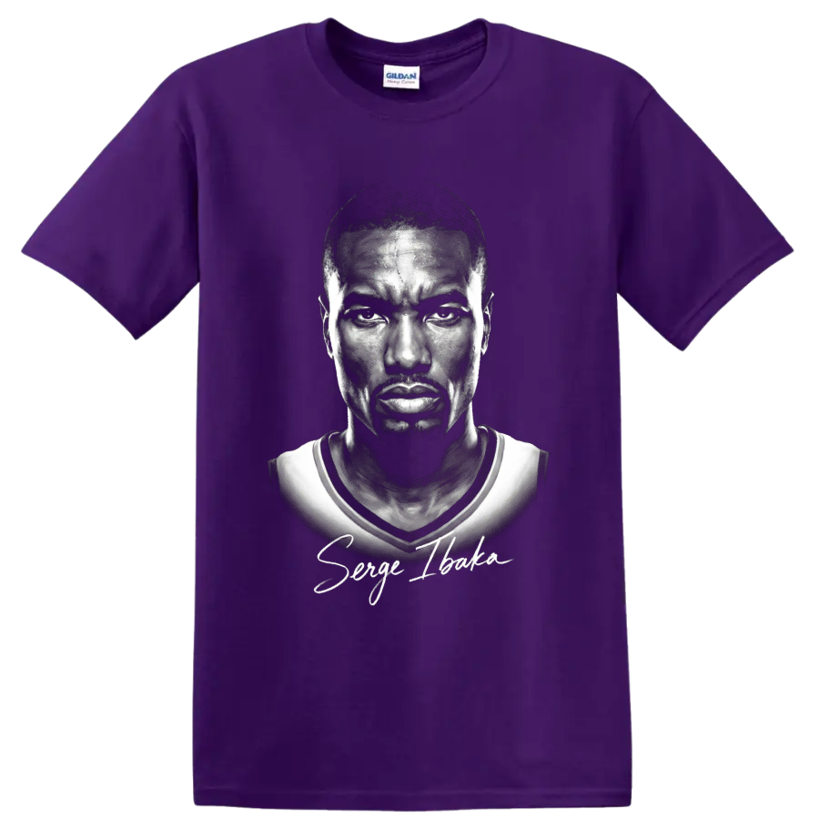 Monochrome Serge Ibaka Oklahoma City Thunder #9 portrait with signature script on a Purple T Shirt
