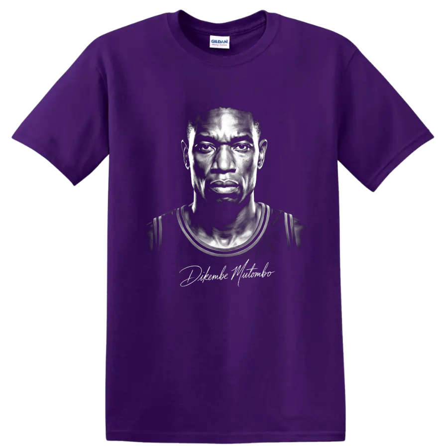 Dikembe Mutombo black-and-white illustrated basketball portrait with signature detail on a Purple T Shirt