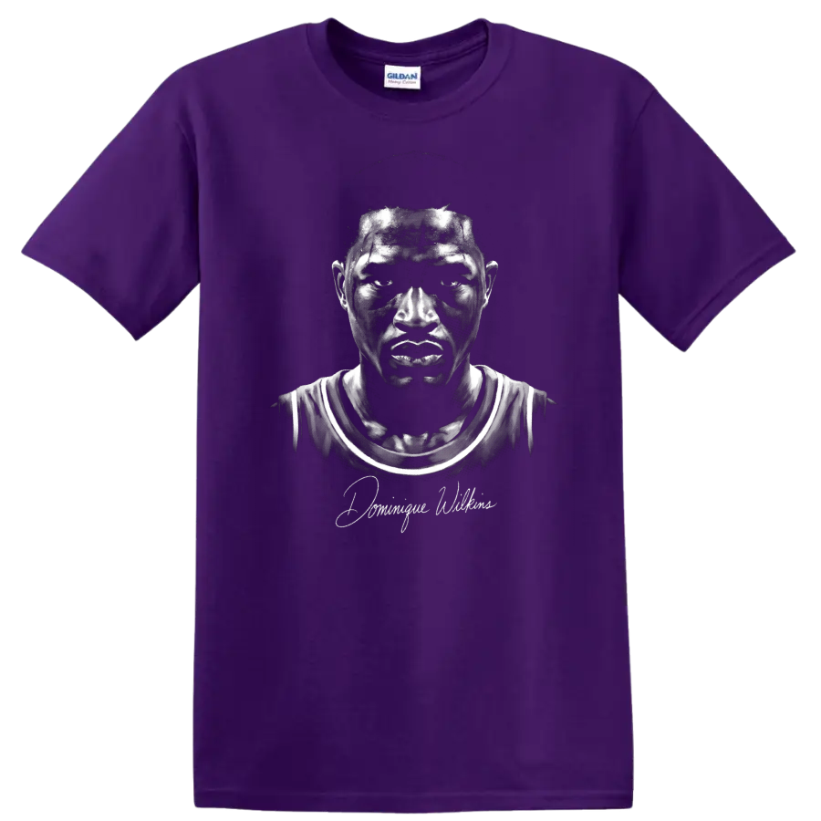 Monochrome Dominique Wilkins Atlanta Hawks #21 basketball portrait with signature on a Purple T Shirt