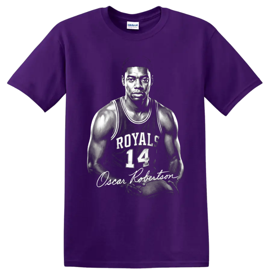 Oscar Robertson Cincinnati Royals No. 14 monochrome basketball portrait with signature on a Purple T Shirt