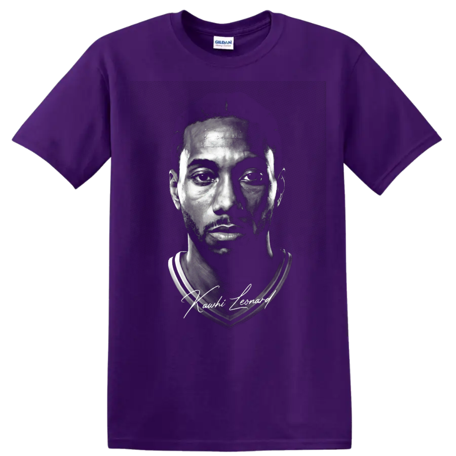 Kawhi Leonard black-and-white basketball portrait with signature-style lettering on a Purple T Shirt