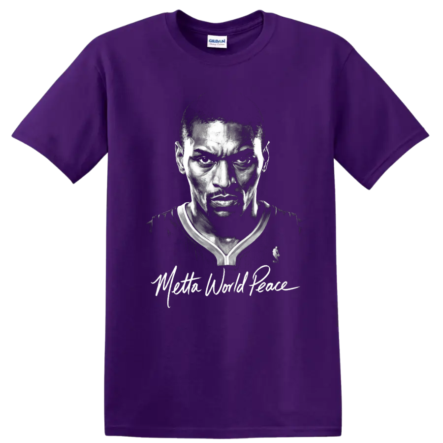 Metta World Peace monochrome basketball portrait with signature-style script on a Purple T Shirt