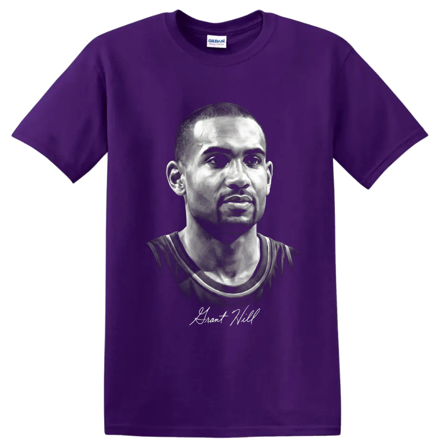 Grayscale Grant Hill basketball portrait with signature-style lettering on a Purple T Shirt