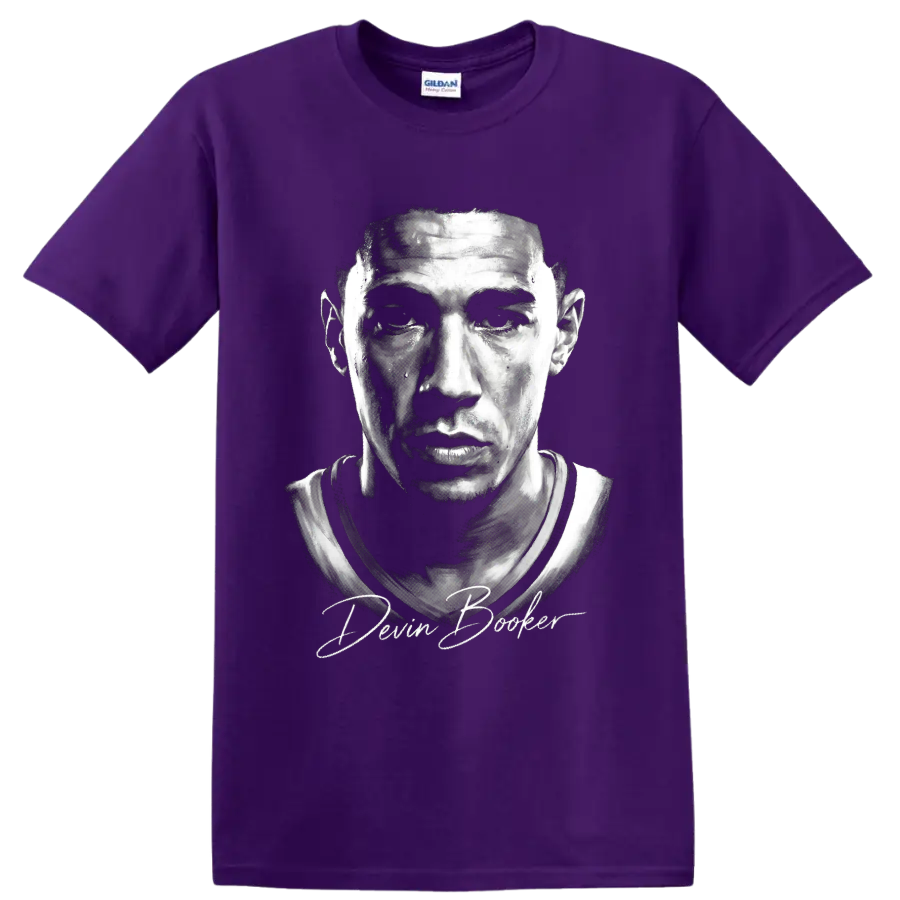 Monochrome Devin Booker basketball portrait with signature-style lettering on a Purple T Shirt