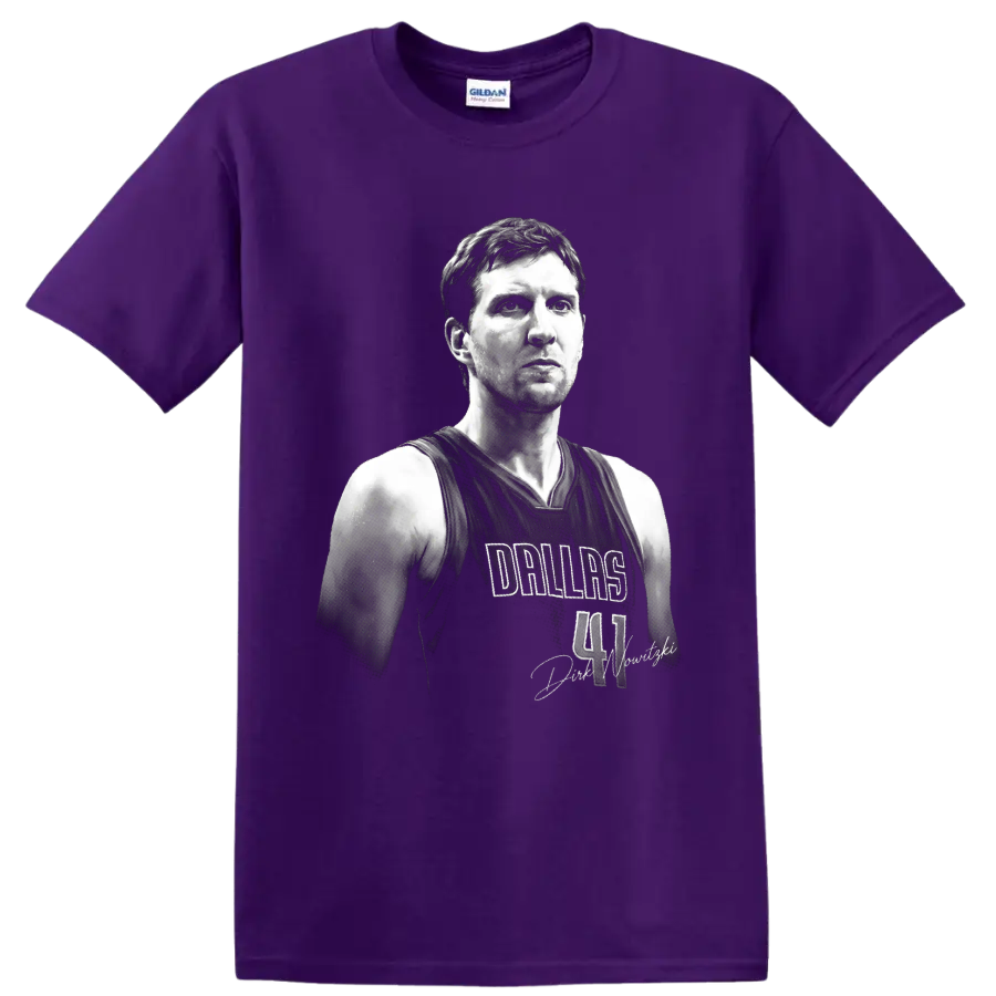 Black-and-white Dirk Nowitzki Dallas Mavericks No. 41 portrait graphic on a Purple T Shirt