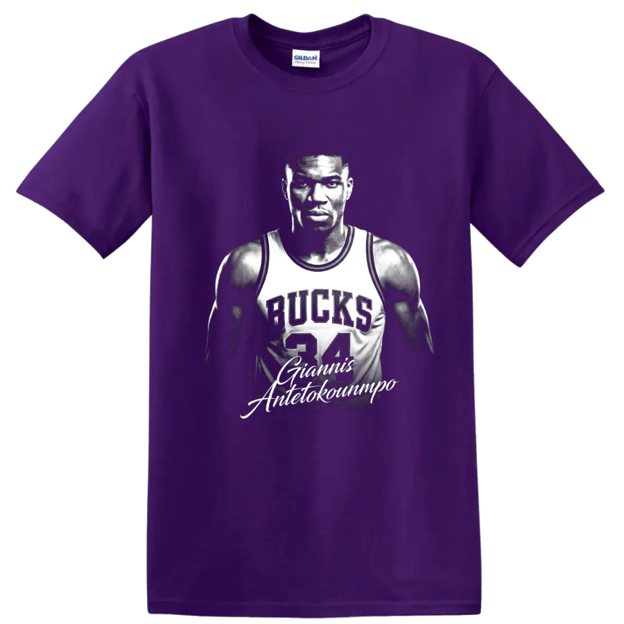 Giannis Antetokounmpo in Bucks number 34 jersey, monochrome portrait graphic on a Purple T Shirt