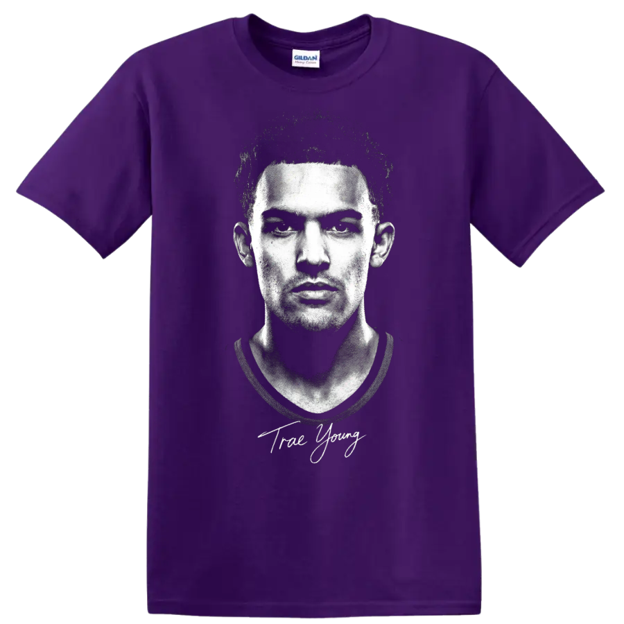 Trae Young black-and-white portrait with signature-style lettering on a Purple T Shirt