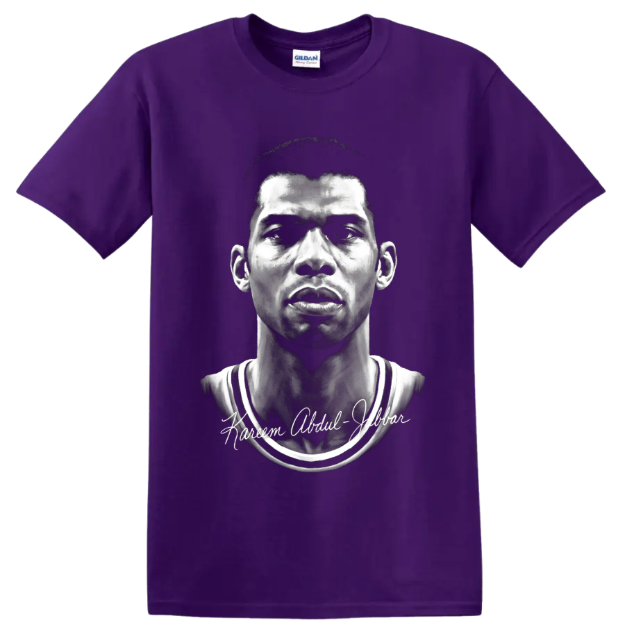 Kareem Abdul-Jabbar monochrome Lakers No. 33 portrait with signature-style lettering on a Purple T Shirt