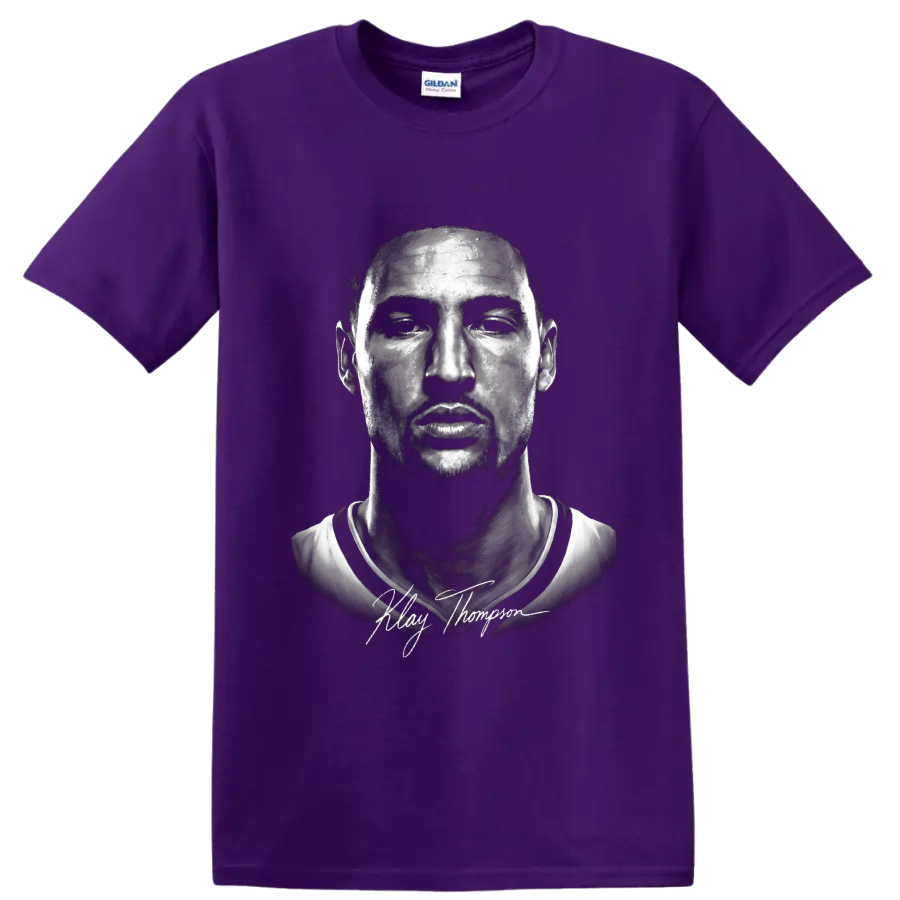 Klay Thompson monochrome basketball portrait with signature-style lettering on a Purple T Shirt