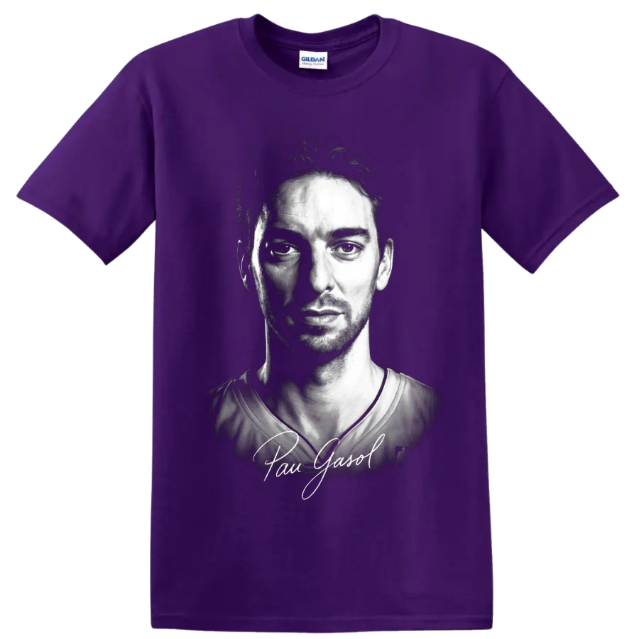 Black-and-white Pau Gasol basketball portrait with signature-style lettering on a Purple T Shirt