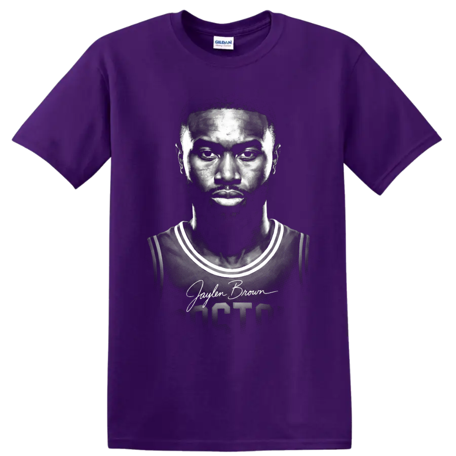 Jaylen Brown Boston Celtics number 7 monochrome basketball portrait with signature on a Purple T Shirt