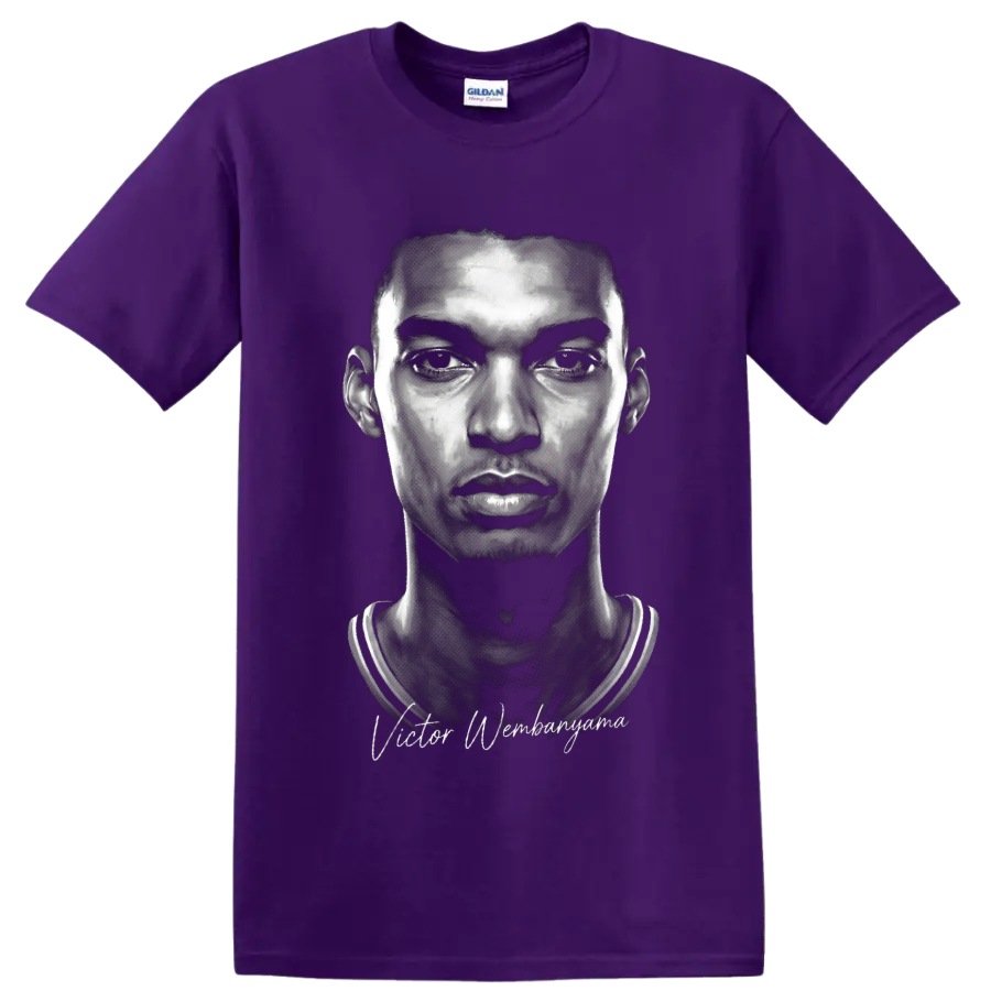 Black-and-white Victor Wembanyama basketball portrait with signature-style lettering on a Purple T Shirt