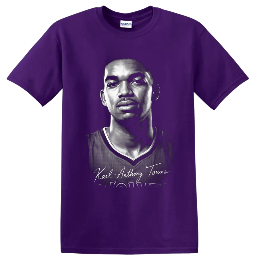 Black-and-white Karl-Anthony Towns basketball portrait with signature-style name text on a Purple T Shirt