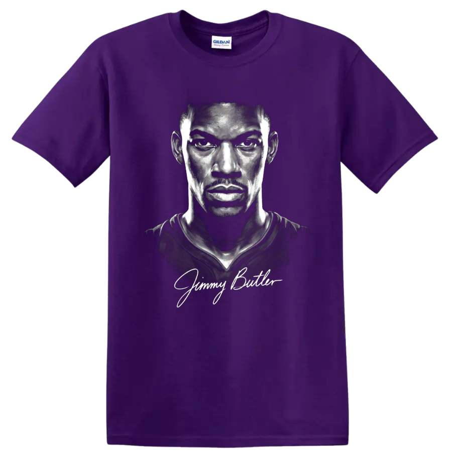 Grayscale Jimmy Butler basketball portrait illustration with cursive signature on a Purple T Shirt
