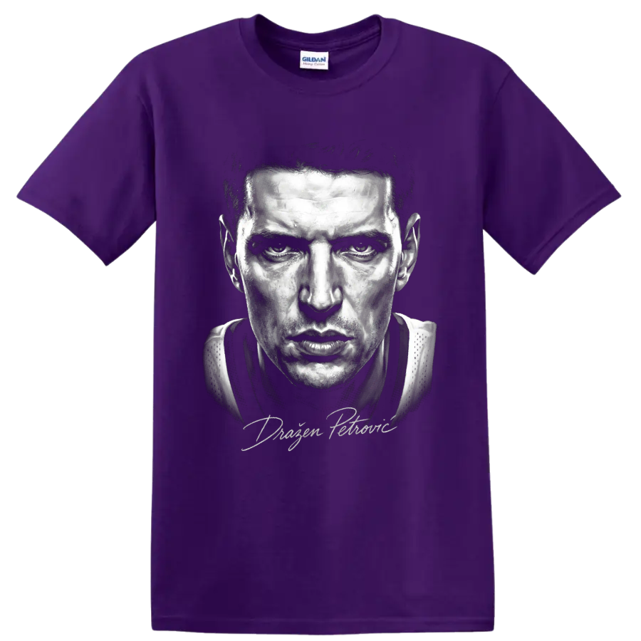 Dražen Petrović New Jersey Nets No. 3 black-and-white basketball portrait on a Purple T Shirt