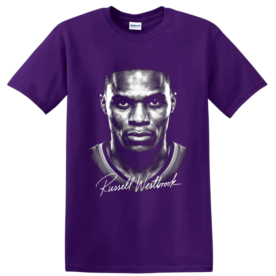 Russell Westbrook monochrome basketball portrait with signature-style lettering on a Purple T Shirt