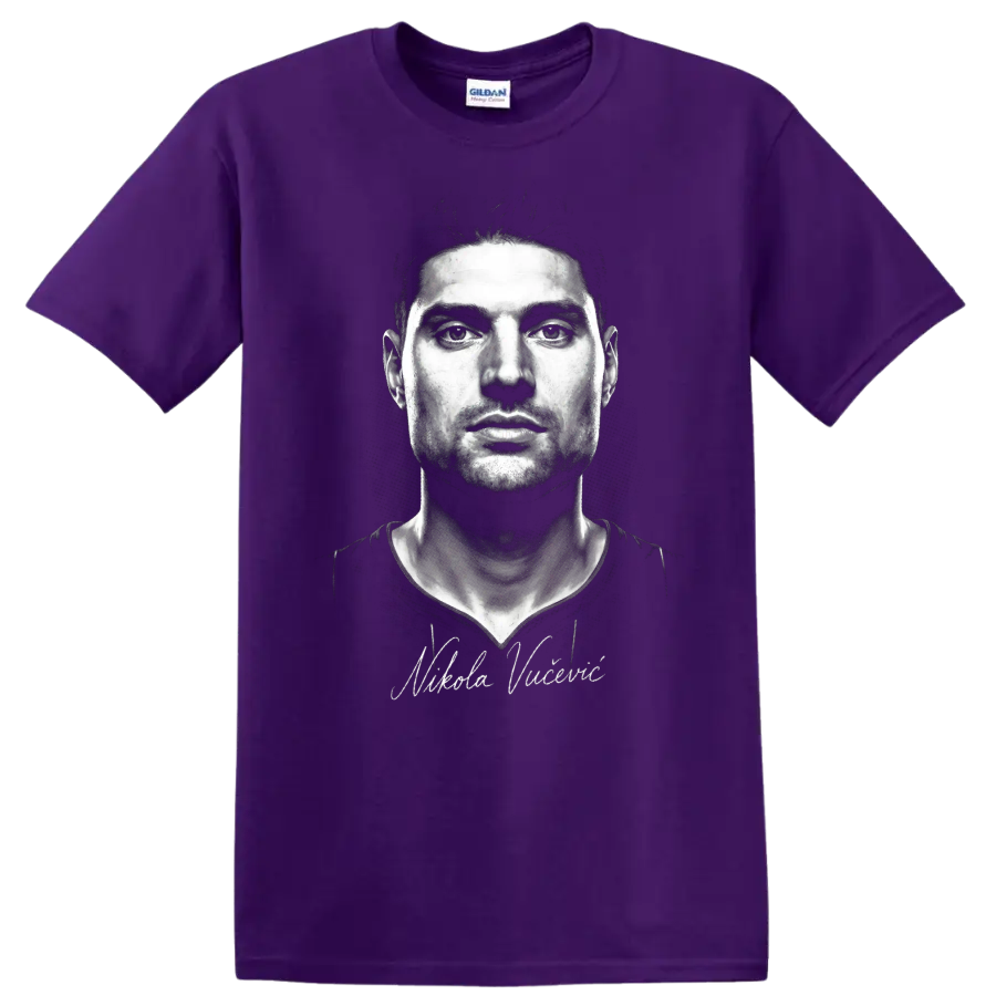 Nikola Vučević monochrome basketball portrait with cursive signature on a Purple T Shirt