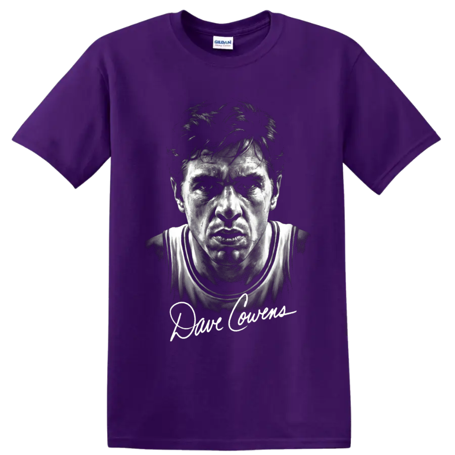 Dave Cowens basketball portrait with signature-style lettering on a Purple T Shirt