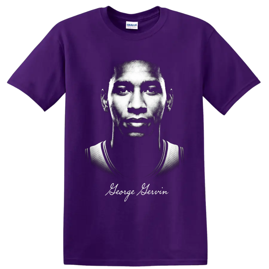 George Gervin monochrome basketball portrait with signature-style name text on a Purple T Shirt