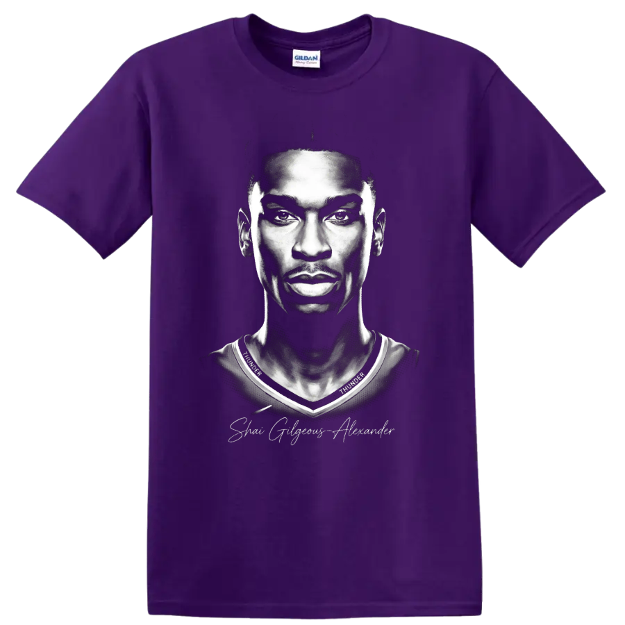 Shai Gilgeous-Alexander Oklahoma City Thunder No. 2 black-and-white portrait on a Purple T Shirt