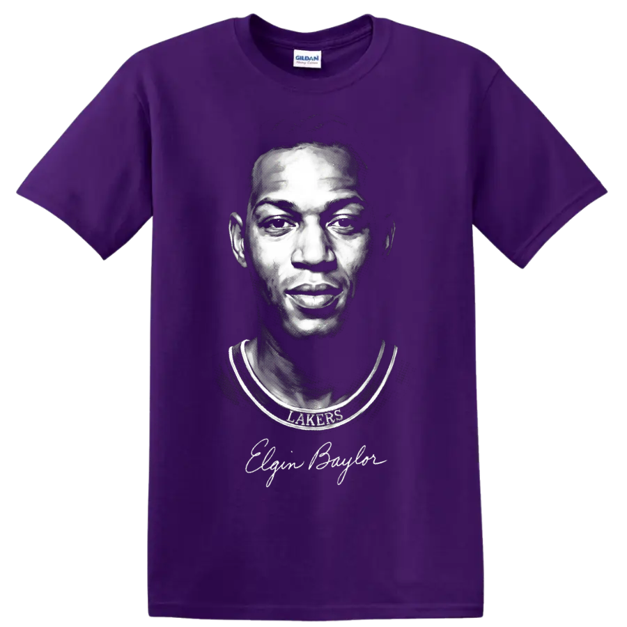 Elgin Baylor Lakers jersey portrait with signature in dramatic grayscale illustration on a Purple T Shirt