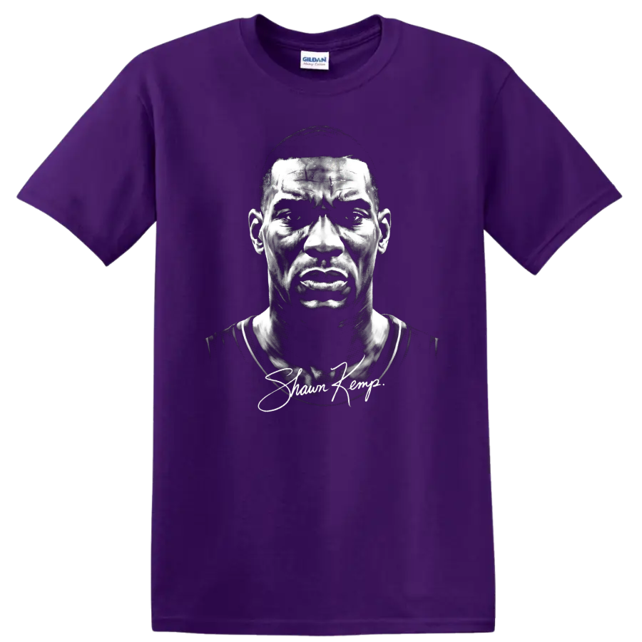 Shawn Kemp black-and-white basketball portrait with signature-style script on a Purple T Shirt