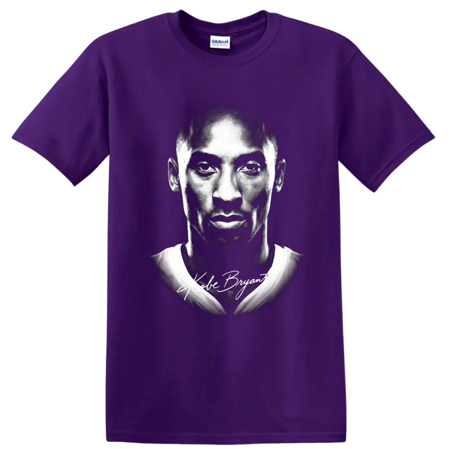 Black-and-white Kobe Bryant Lakers No. 24 portrait with signature-style lettering on a Purple T Shirt