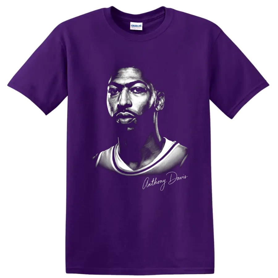 Anthony Davis monochrome basketball portrait with signature-style name script on a Purple T Shirt